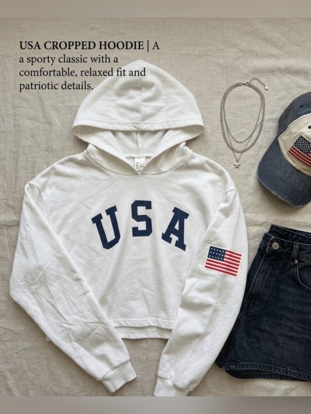 USA Cropped White Hoodie with Flag Patch